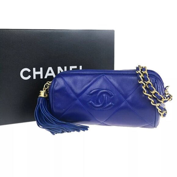 CHANEL CC Matelasse Tassel Mini Chain Shoulder Bag Leather Blue authentic - Picture 1 of 16